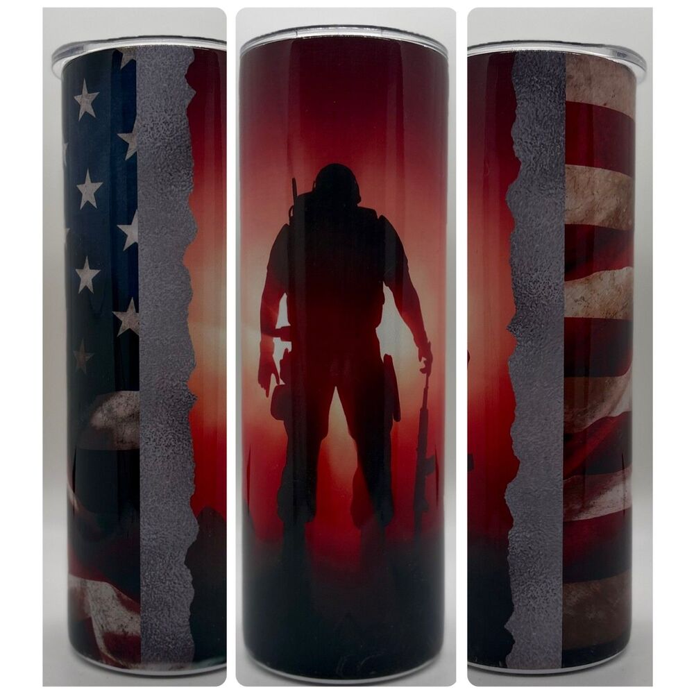 NEW Soldier/Flag 20 oz. Stainless Steel Tumbler w/Straw Set & Silicone Tip